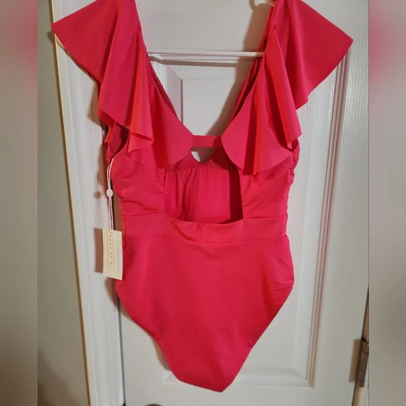 Trina Turk Women's Ruffle-Trim Plunge One-Piece Swimsuit Pink NWT - Picture 6 of 8